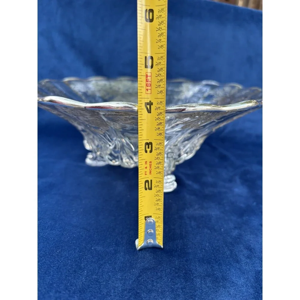 Vintage Floral Etched Glass Compote Bowl on Three Feet Decorative Centerpiece